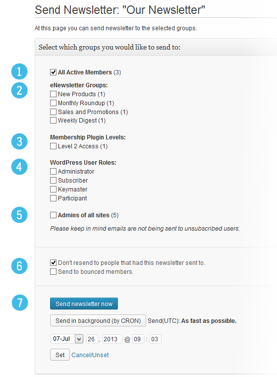 1. An alle Abonnenten senden. 2. An Abonnenten ausgewählter Gruppen senden. 3. Senden an Abonnenten mit ausgewählten Mitgliedschaftszugriffsebenen. 4. An Abonnenten mit bestimmten Benutzerrollen senden. 5. An alle Netzwerkadministratoren senden. 6. Filteroptionen festlegen. 7. Lege Deine Planungspräferenz fest.